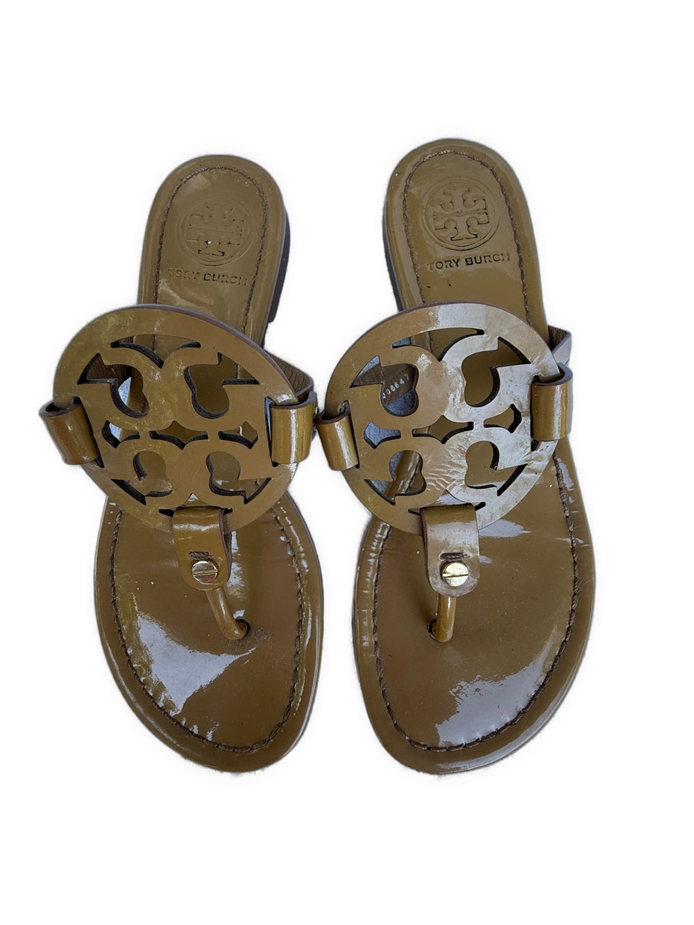 Tory Burch tan Patent Logo Thong Sandals